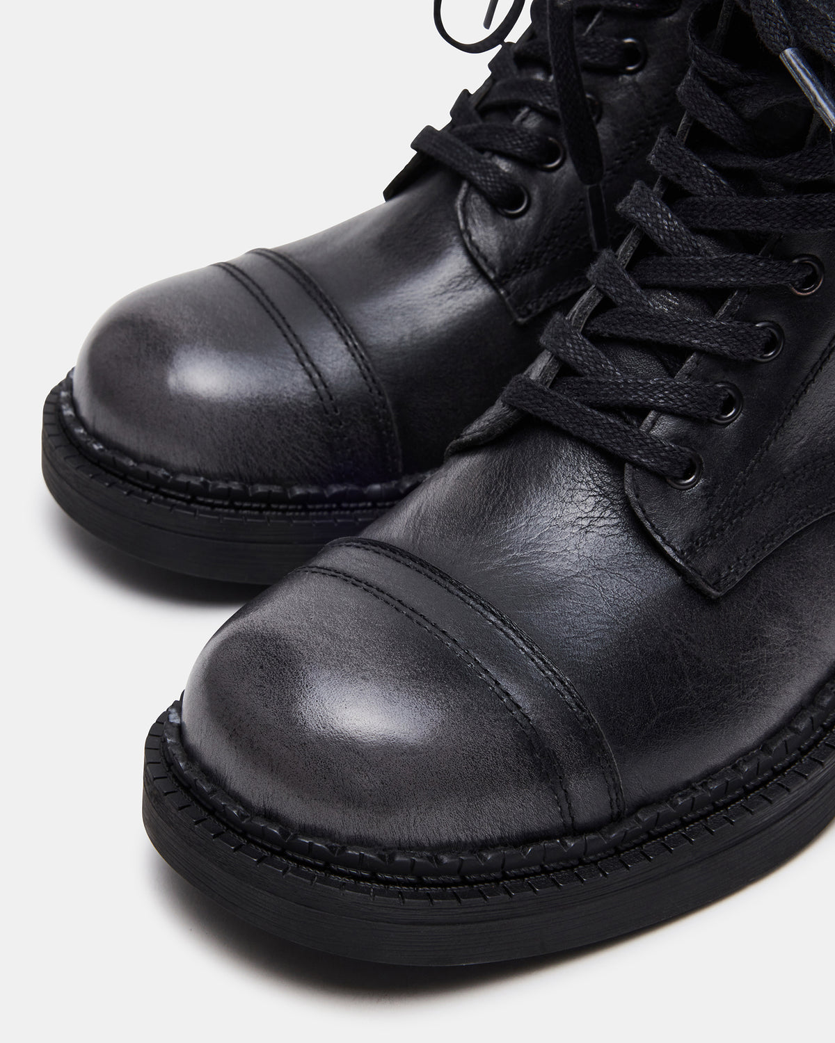 CRIMSON Black Distressed Moto Combat Women's Ankle Booties | Steve Madden Sale