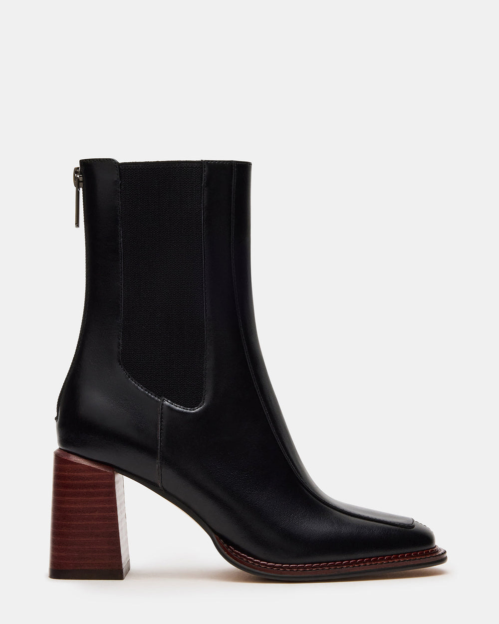 DOWNTOWN Black Leather Chelsea Block Heel Ankle Boot | Women's Booties | Steve Madden for Sale