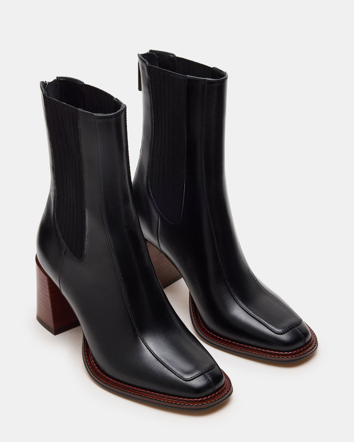 DOWNTOWN Black Leather Chelsea Block Heel Ankle Boot | Women's Booties | Steve Madden for Sale