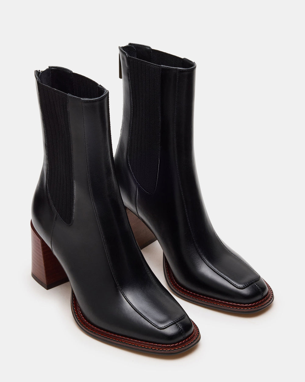 DOWNTOWN Black Leather Chelsea Block Heel Ankle Boot | Women's Booties | Steve Madden for Sale