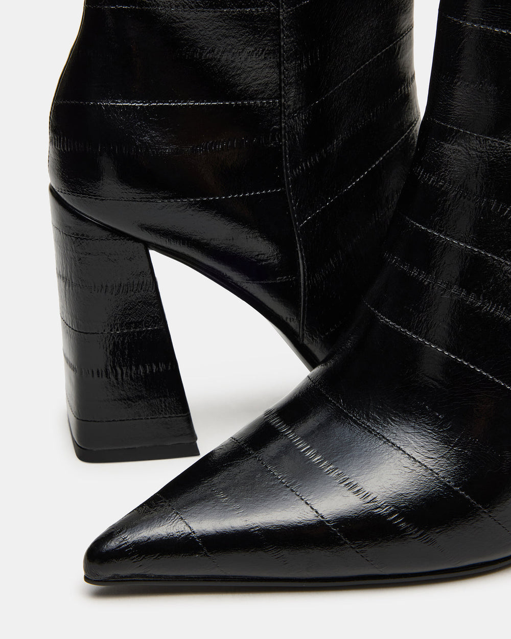 AUDREANA Black Eel Pointed-Toe Block Heel Women's Ankle Boot | Steve Madden Sale