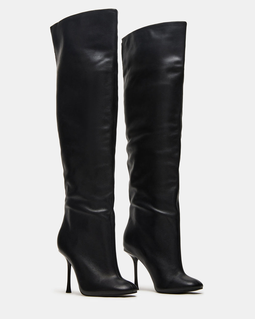 ALLURING Black Leather Over-The-Knee Square-Toe Heeled Women's Boot | Steve Madden US