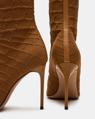 MIDNITE Tan Crocodile Pointed-Toe Stiletto Heel Sock Women's Ankle Boot | Steve Madden US