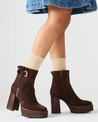 SUMMIT Dark Brown Suede Platform Lug Block Heel Women's Ankle Boot | Steve Madden for Sale