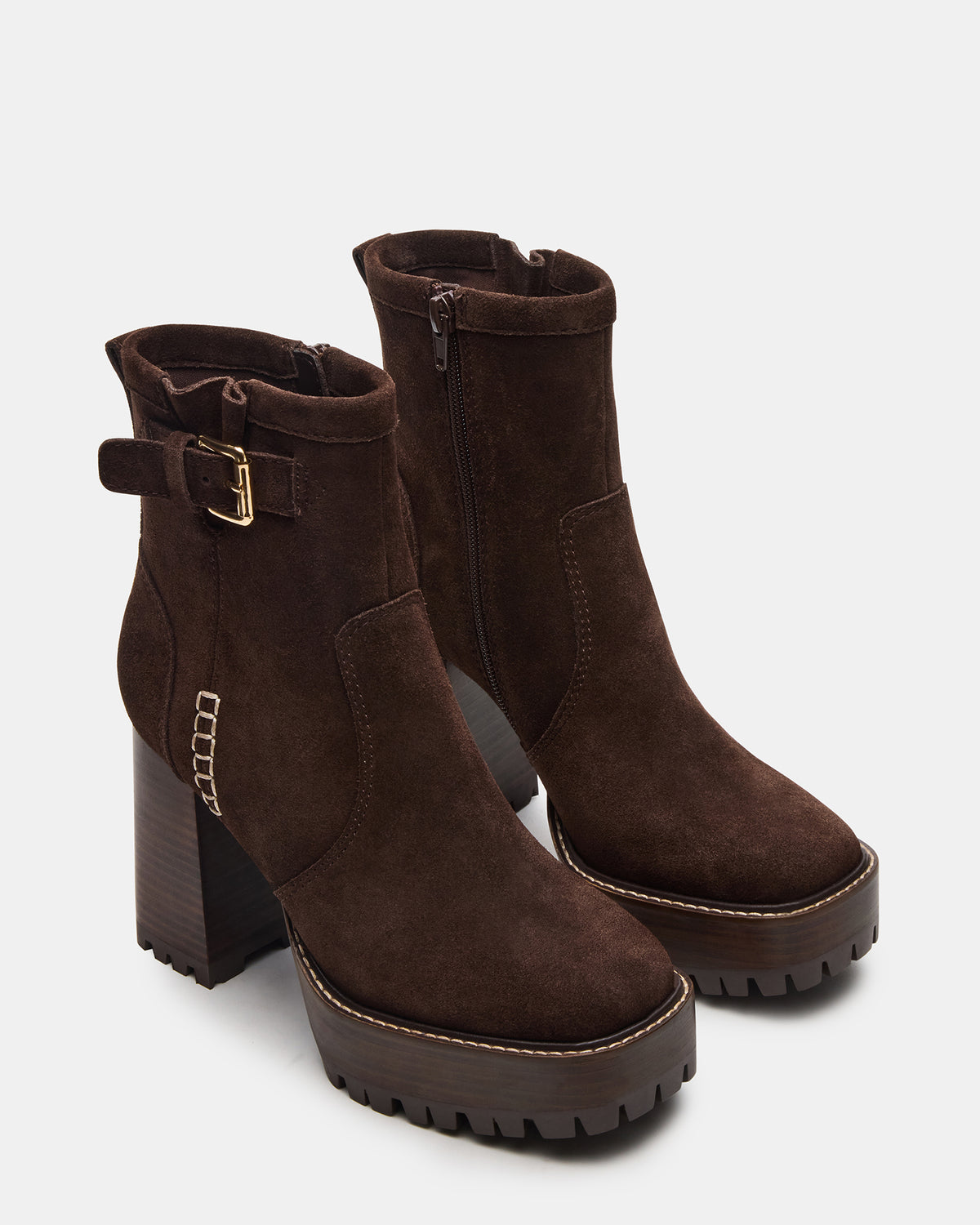 SUMMIT Dark Brown Suede Platform Lug Block Heel Women's Ankle Boot | Steve Madden for Sale