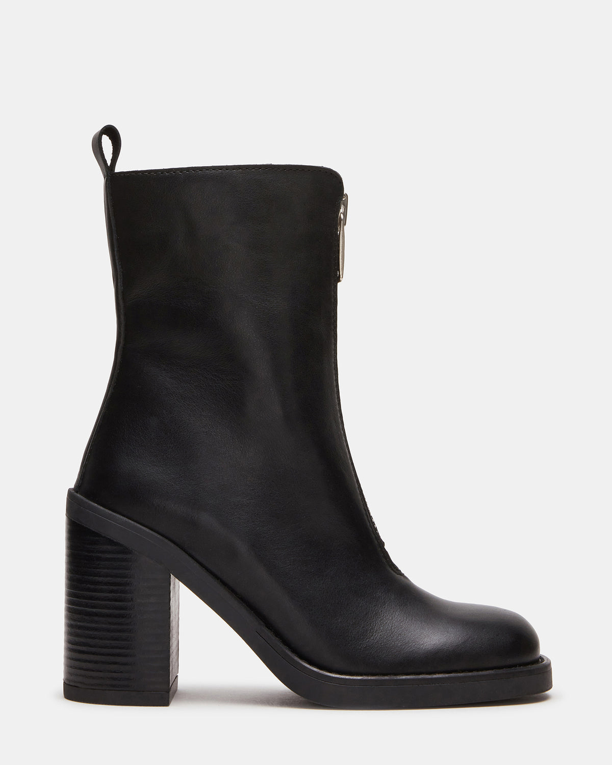DECLAN Black Leather Block Heeled Ankle Boot | Women's Booties | Steve Madden US
