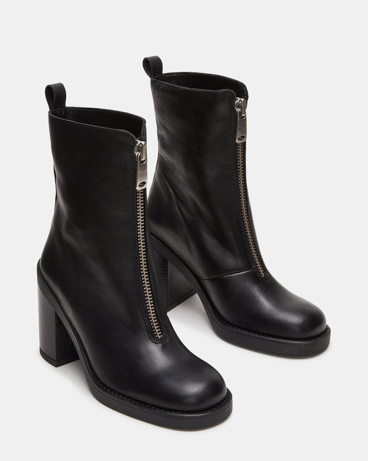 DECLAN Black Leather Block Heeled Ankle Boot | Women's Booties | Steve Madden US