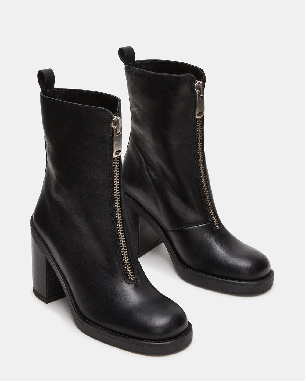 DECLAN Black Leather Block Heeled Ankle Boot | Women's Booties | Steve Madden US