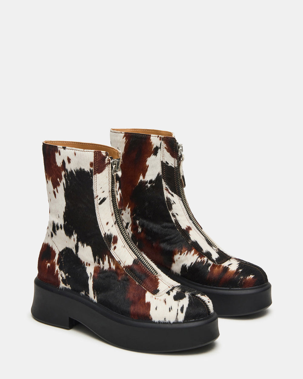 JONES Brown Cow Print Zipper Lug Women's Ankle Boot | Steve Madden Sale