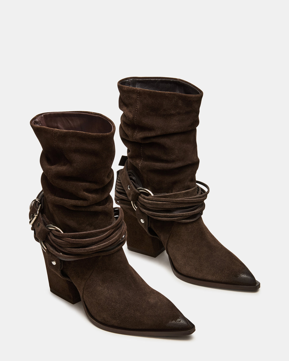 LAUPER Dark Taupe Suede Pointed-Toe Heeled Buckle Women's Ankle Boot | Steve Madden near me