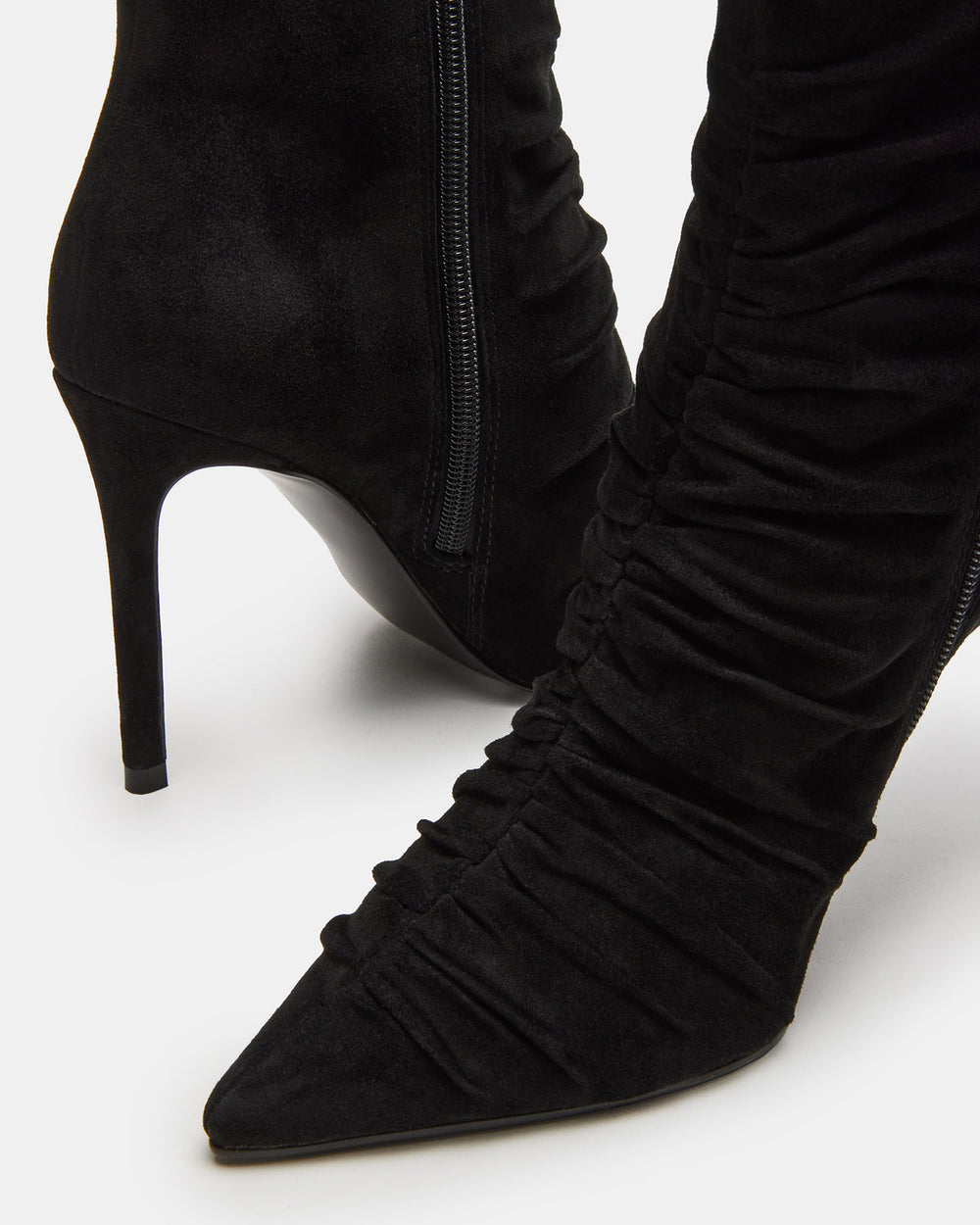 TEASE Black Suede Ruched Pointed Toe Ankle Boot | Women's Booties | Steve Madden US