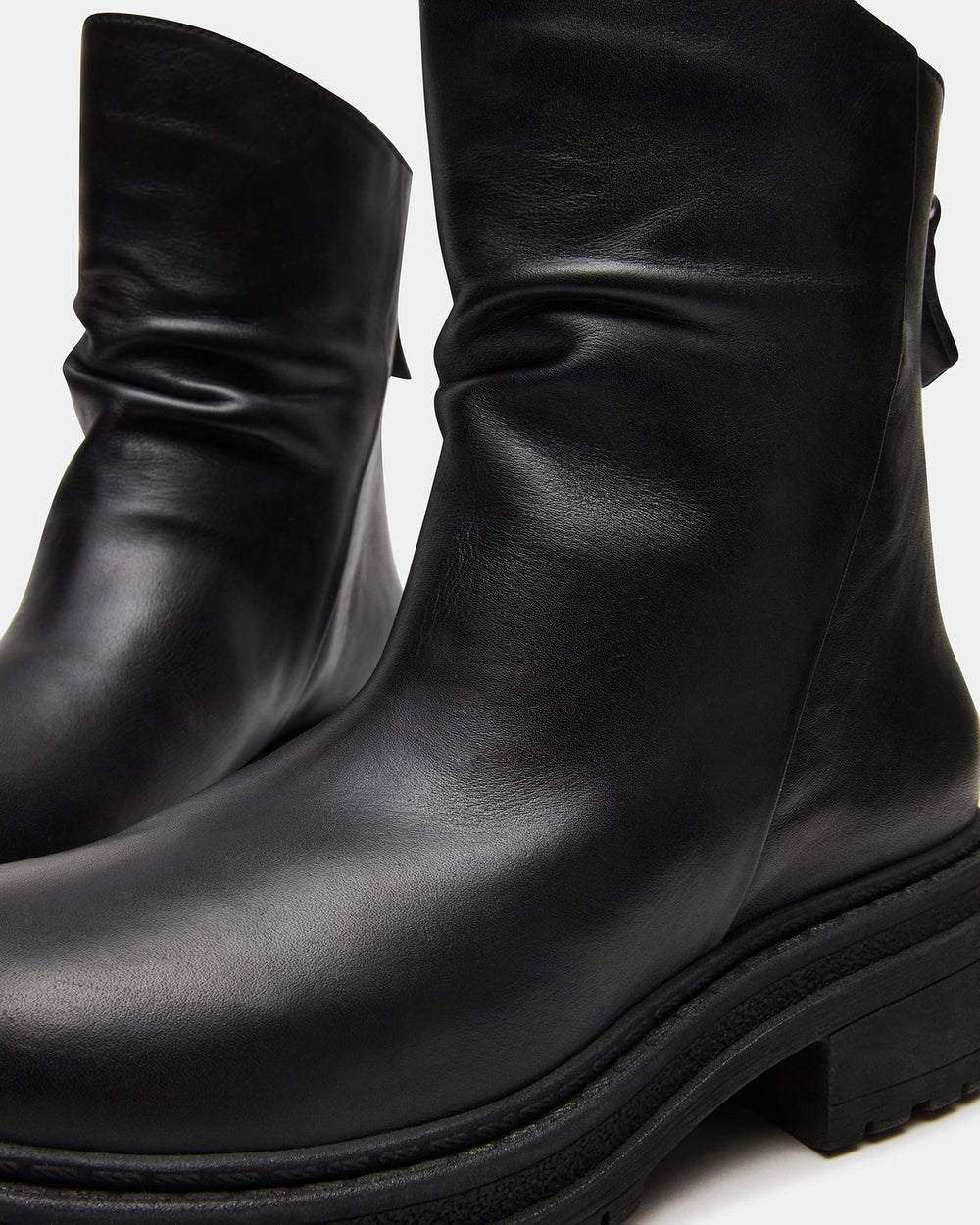 ESSENTIAL Black Leather Scrunched Ankle Boot | Women's Booties | Steve Madden on Sale