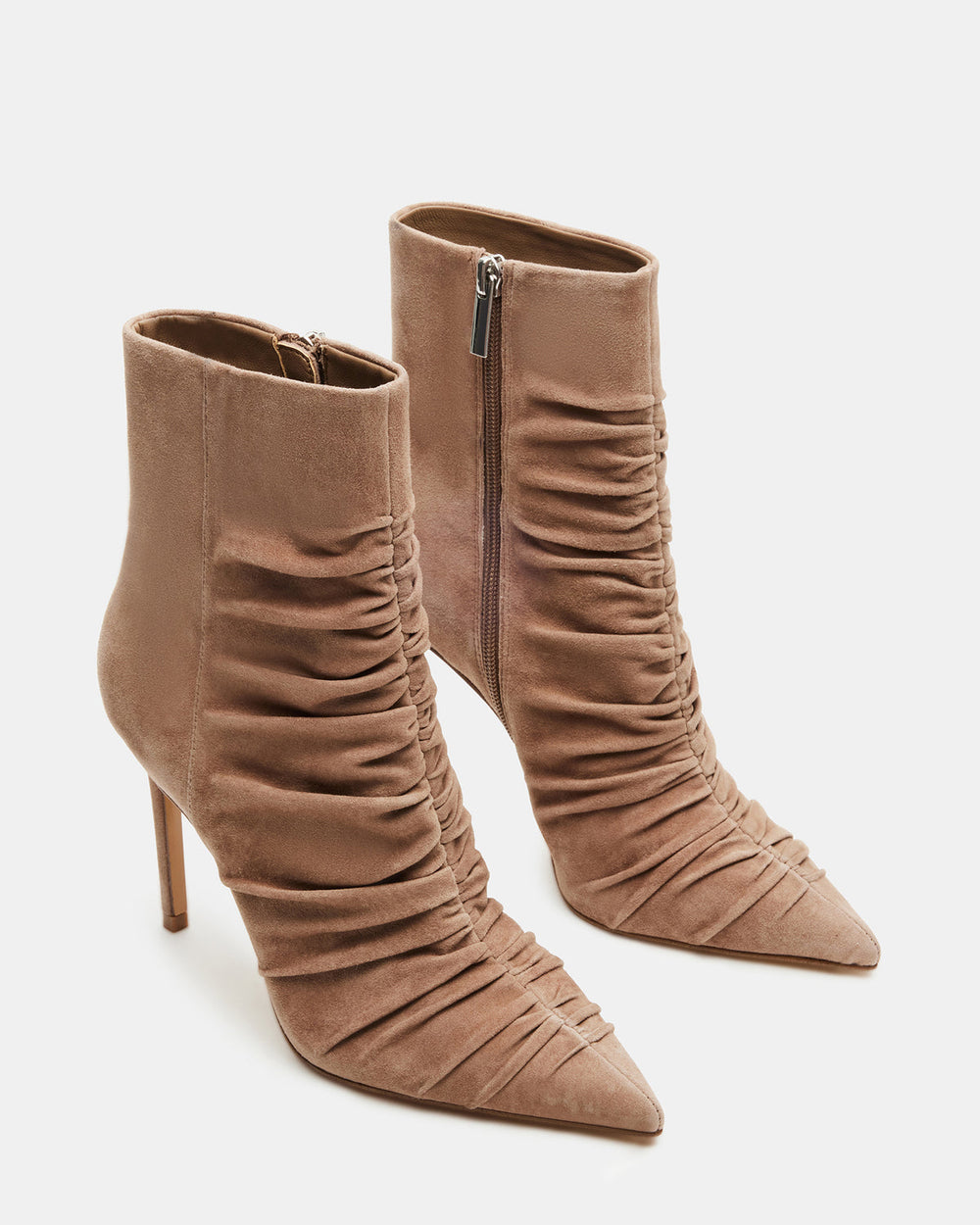 TEASE Taupe Suede Ruched Pointed Toe Ankle Boot | Women's Booties | Steve Madden discount