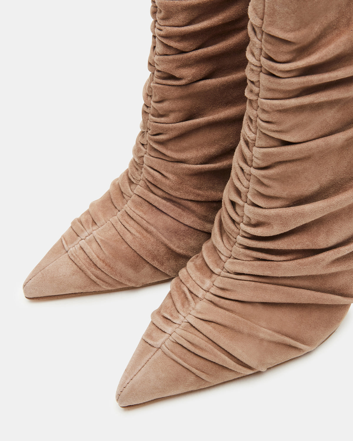 TEASE Taupe Suede Ruched Pointed Toe Ankle Boot | Women's Booties | Steve Madden discount