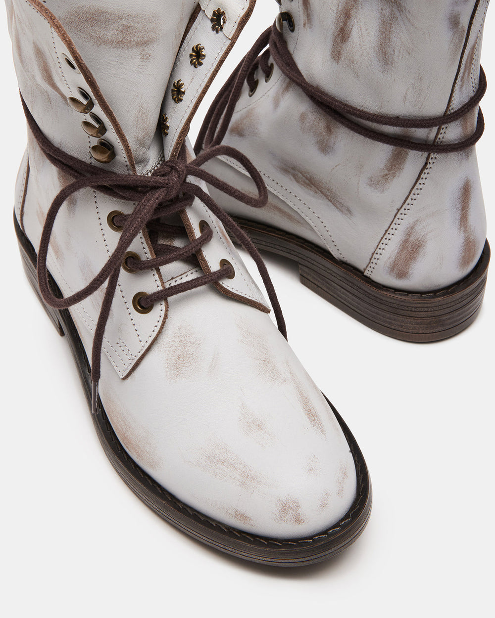DEVIE White Leather Lace-Up Combat Bootie | Women's Booties | Steve Madden for Sale