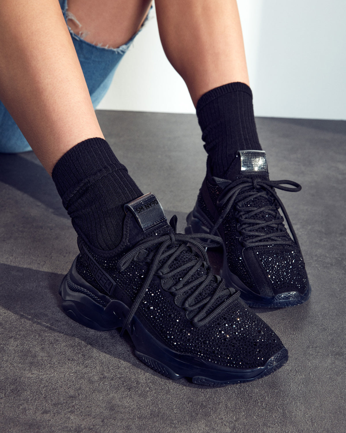 MAXIMA Black Rhinestones Women's Sneakers | Steve Madden for Sale
