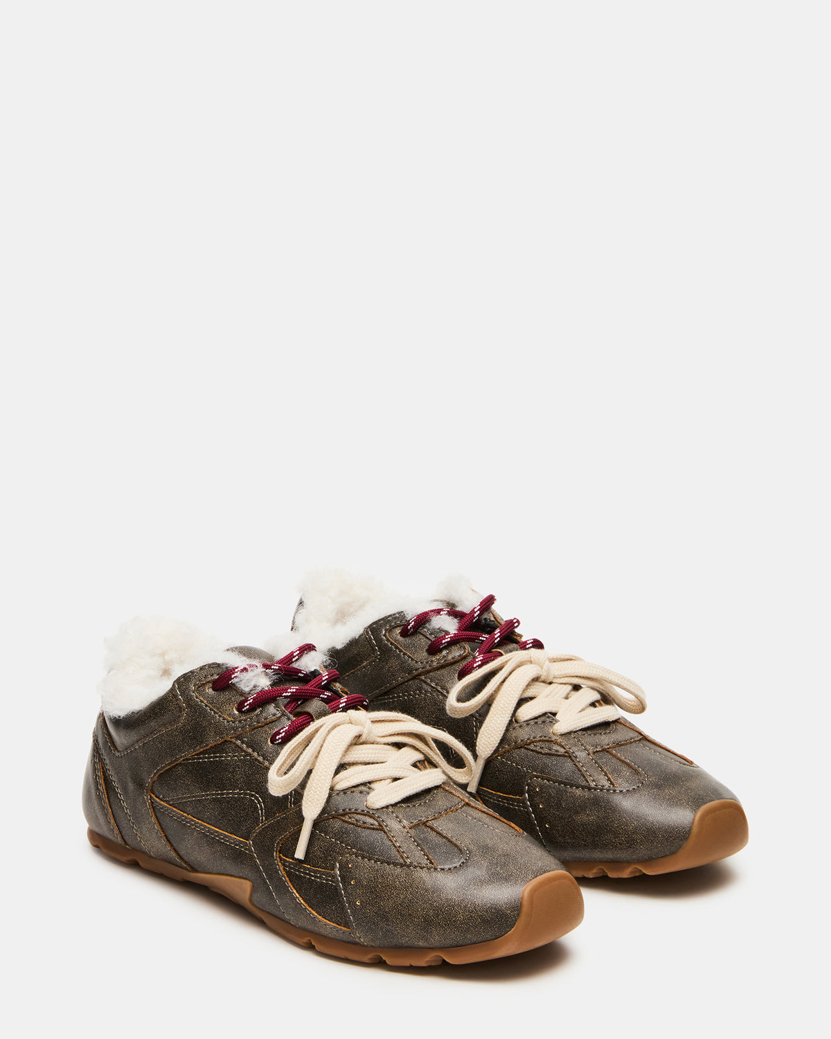 AZIEL Faux Fur Brown Distressed Low-Top Lace-Up Women's Sneakers | Steve Madden Sale