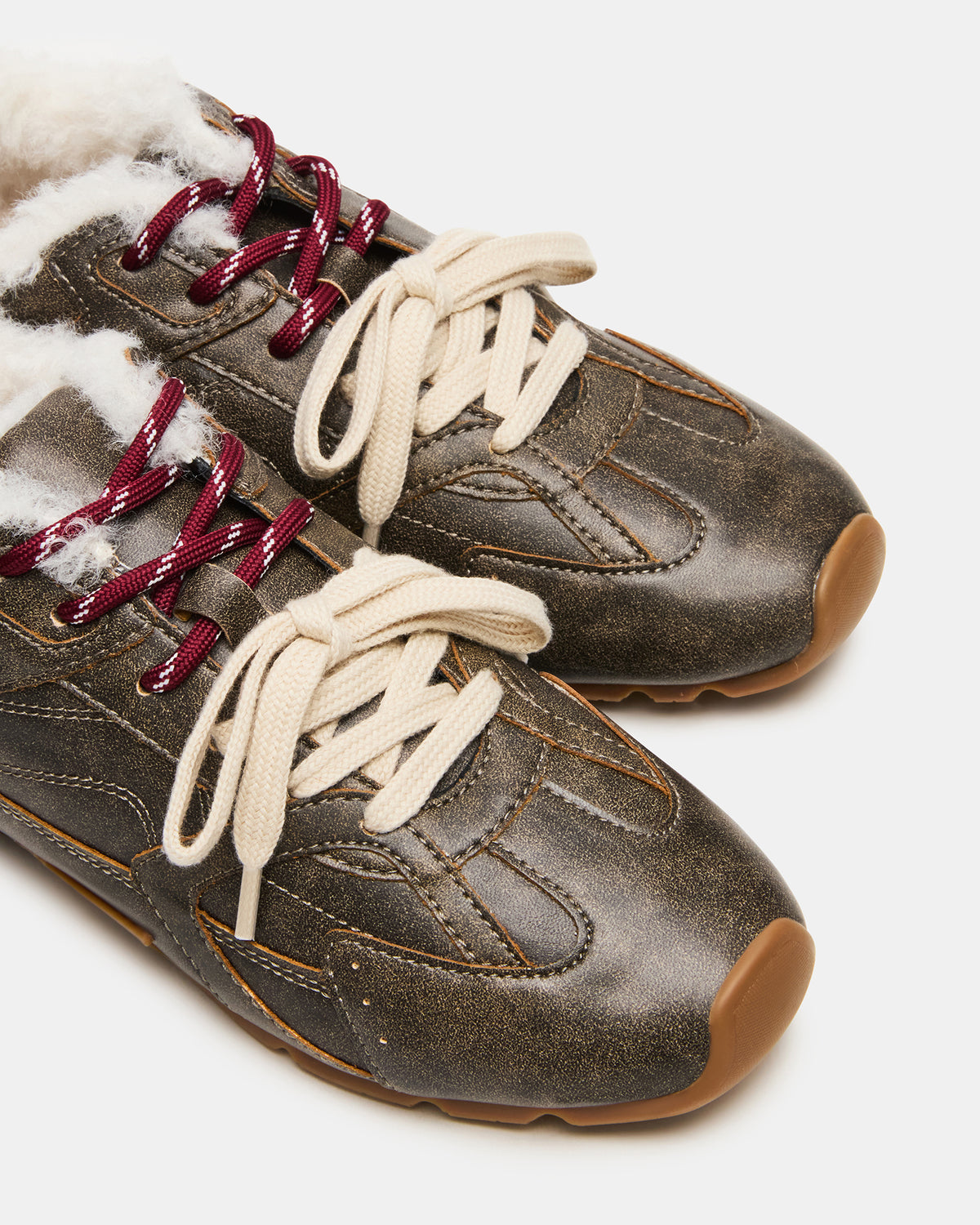 AZIEL Faux Fur Brown Distressed Low-Top Lace-Up Women's Sneakers | Steve Madden Sale