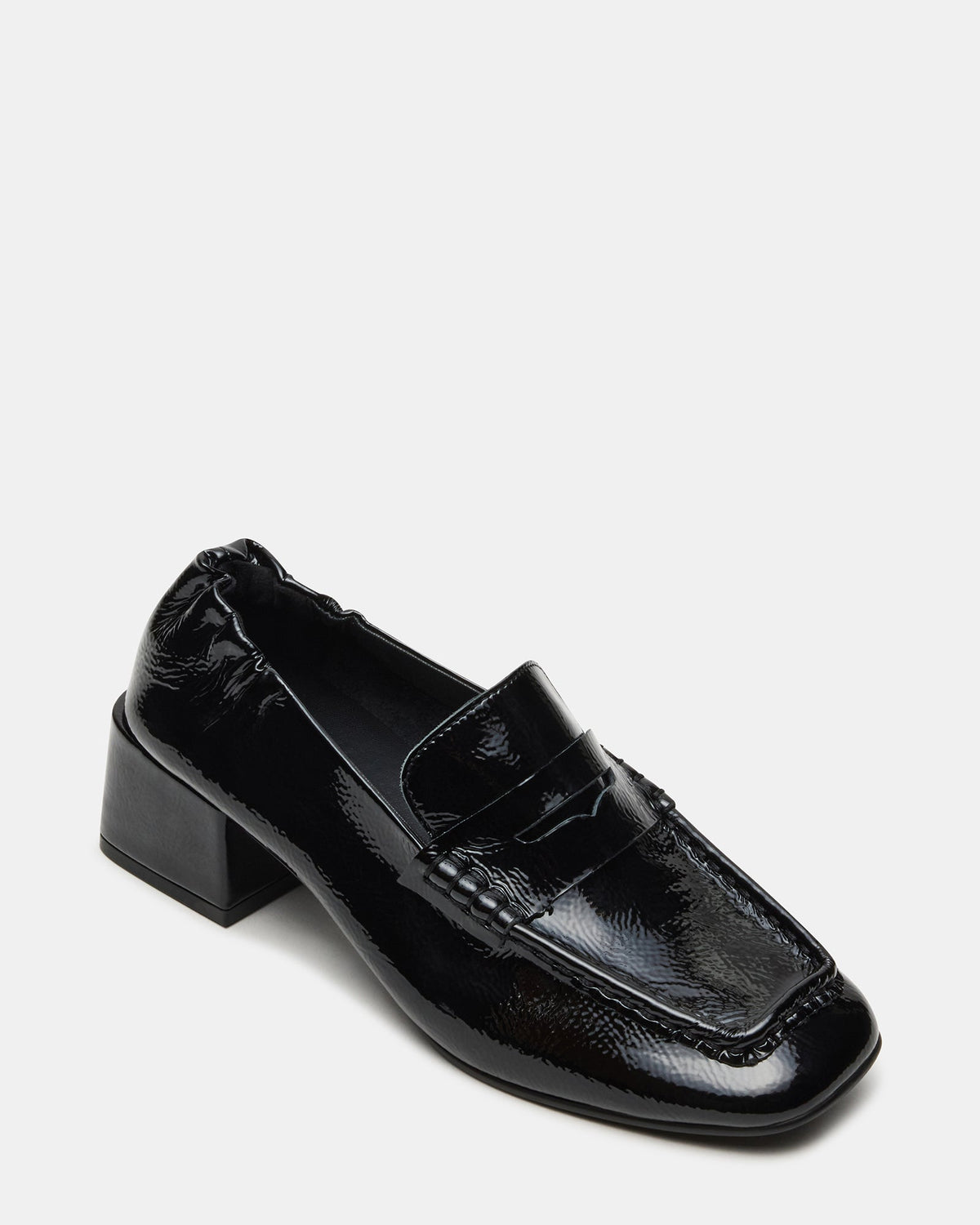 ESTEE Black Crinkle Patent Square-Toe Heeled Women's Loafer | Steve Madden US