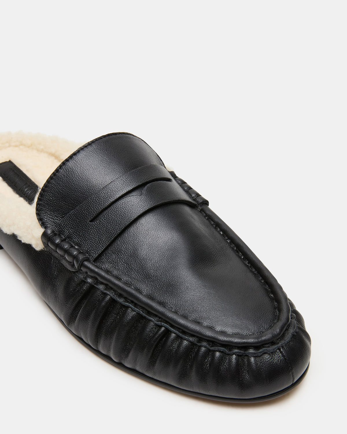 RAFE Faux Fur Black Leather Slip-On Mule Women's Flat | Steve Madden outlet