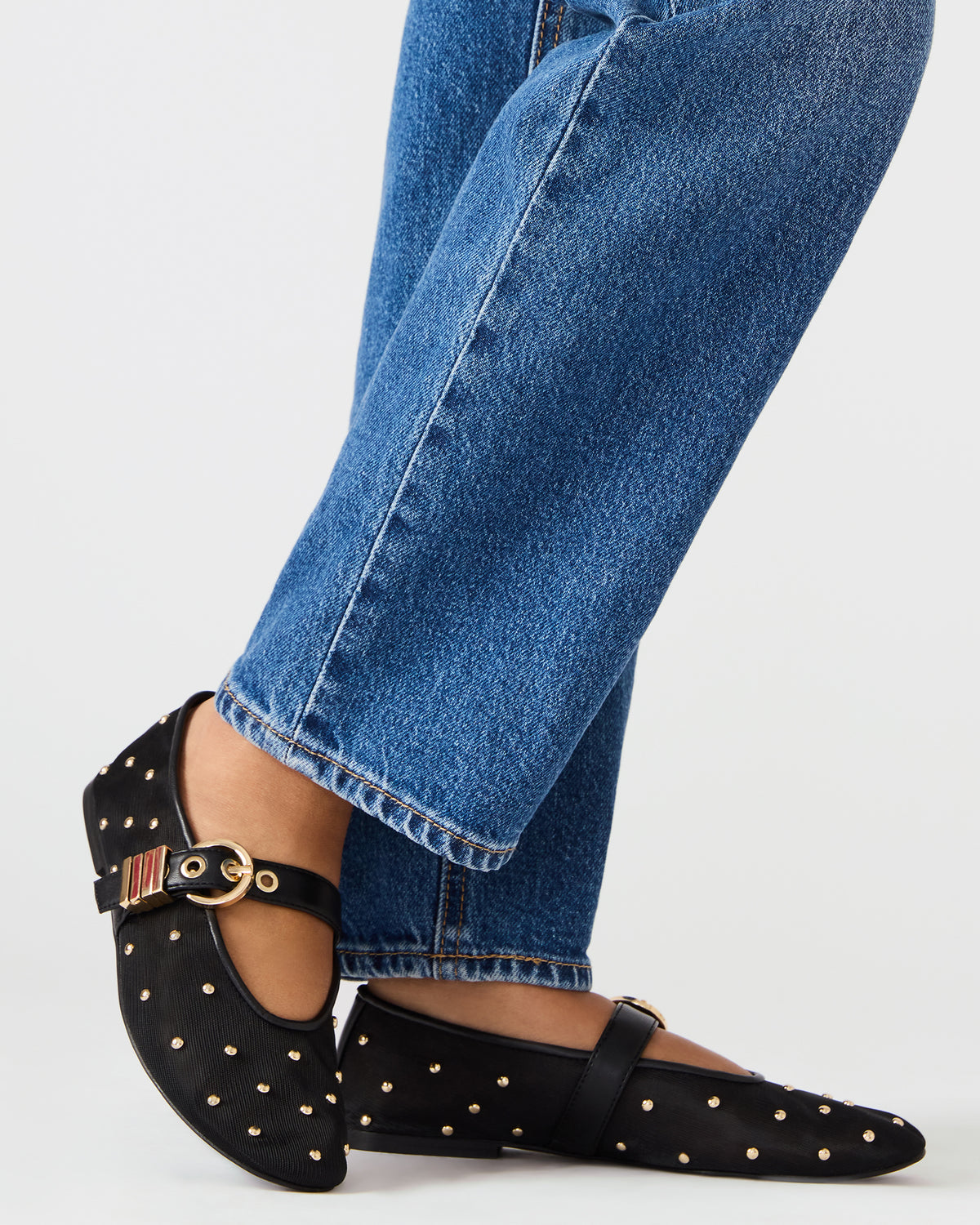 LUCIA Stud Black Multi Mesh Mary Jane Ballet Women's Flat | Steve Madden for Sale