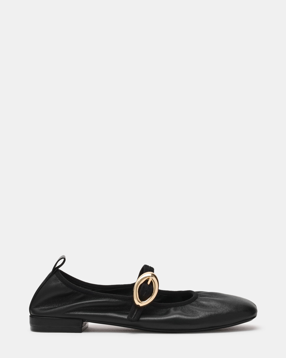 DAFFIA Black Leather Mary Jane Gold-Detail Buckle Ballet Women's Flat | Steve Madden on Sale