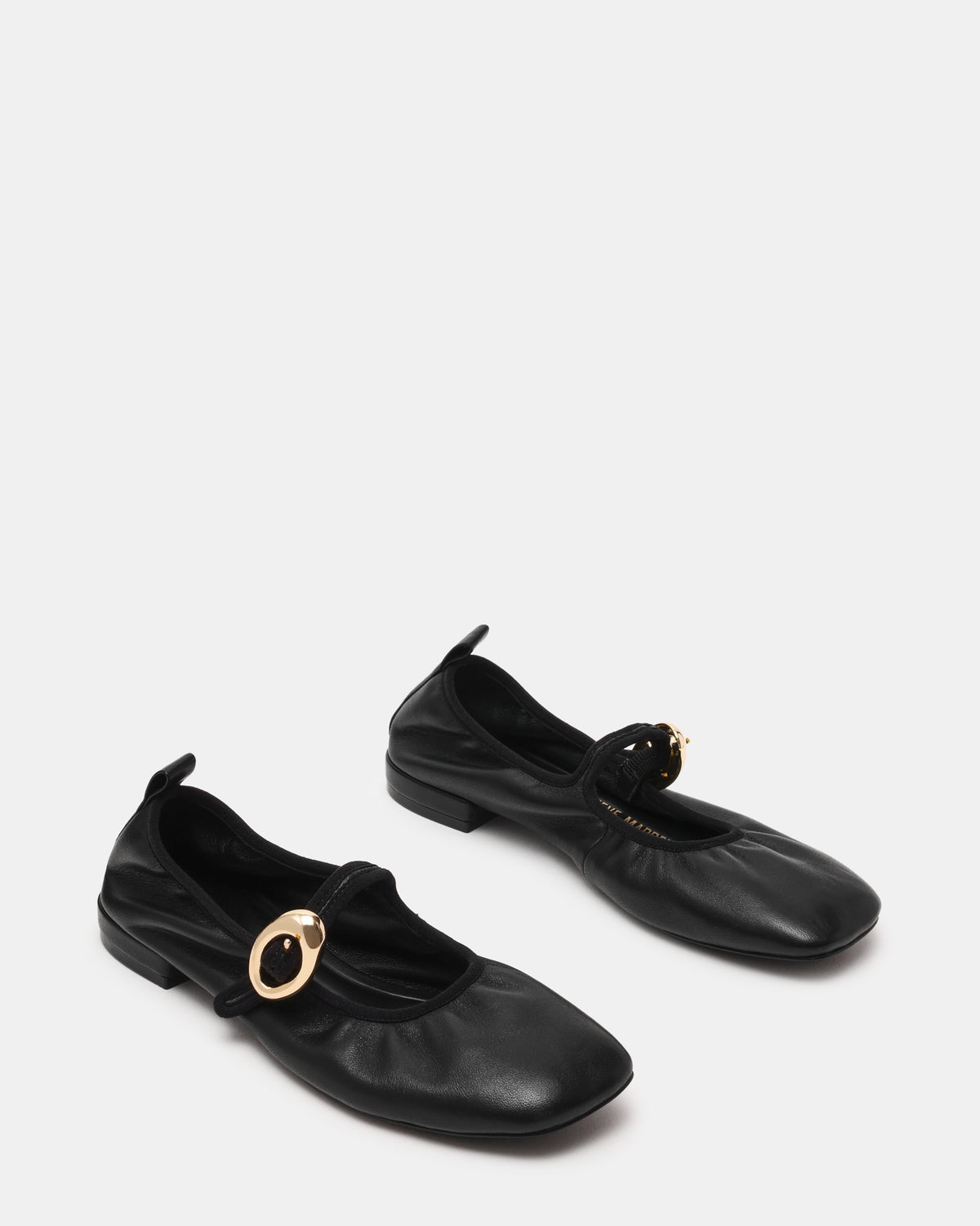 DAFFIA Black Leather Mary Jane Gold-Detail Buckle Ballet Women's Flat | Steve Madden on Sale