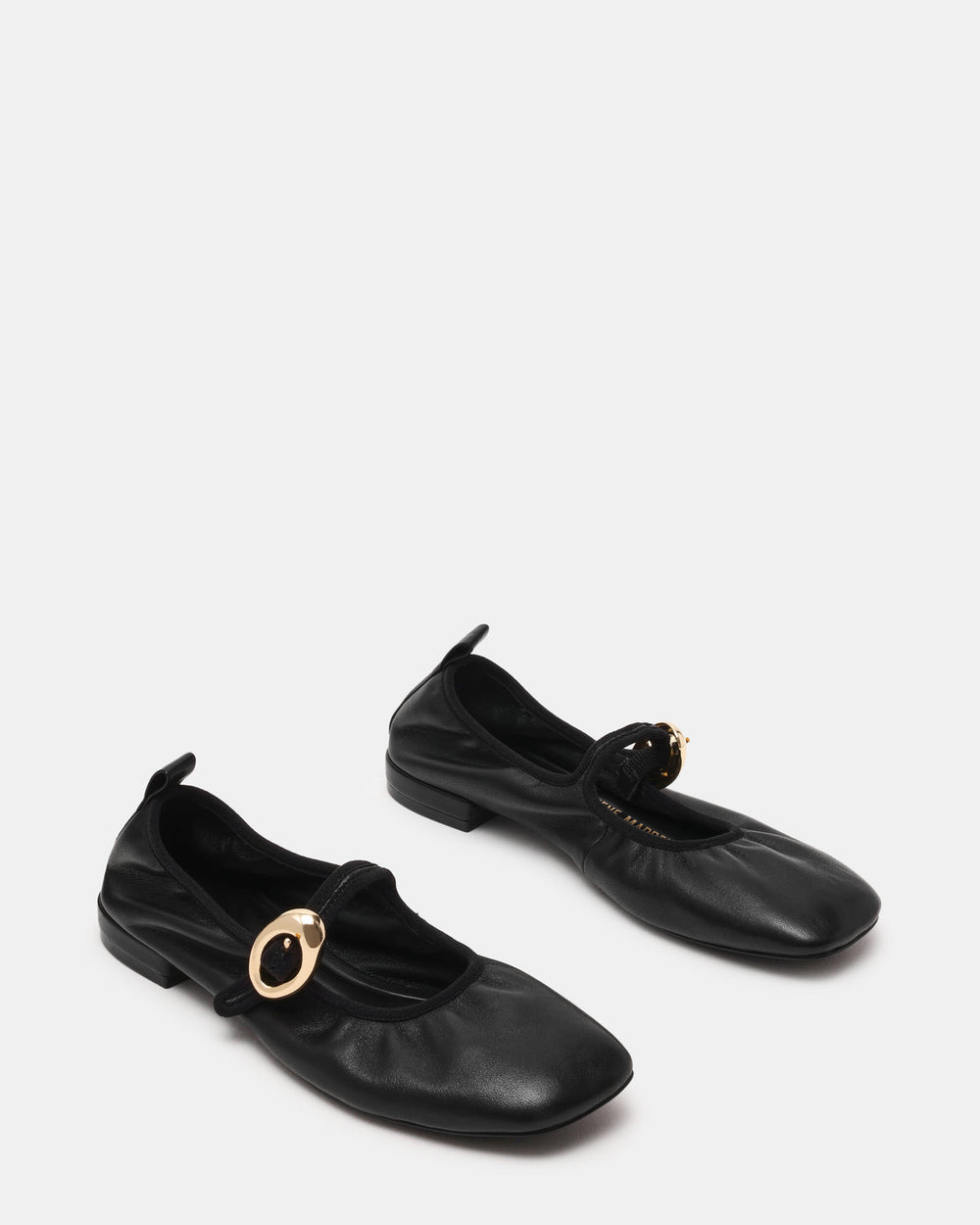 DAFFIA Black Leather Mary Jane Gold-Detail Buckle Ballet Women's Flat | Steve Madden on Sale