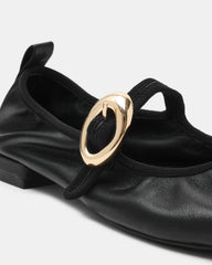 DAFFIA Black Leather Mary Jane Gold-Detail Buckle Ballet Women's Flat | Steve Madden on Sale