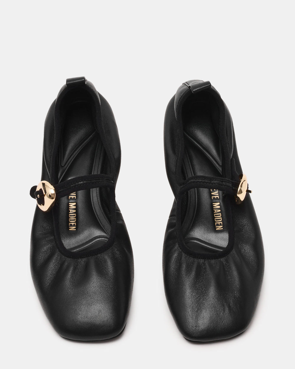 DAFFIA Black Leather Mary Jane Gold-Detail Buckle Ballet Women's Flat | Steve Madden on Sale