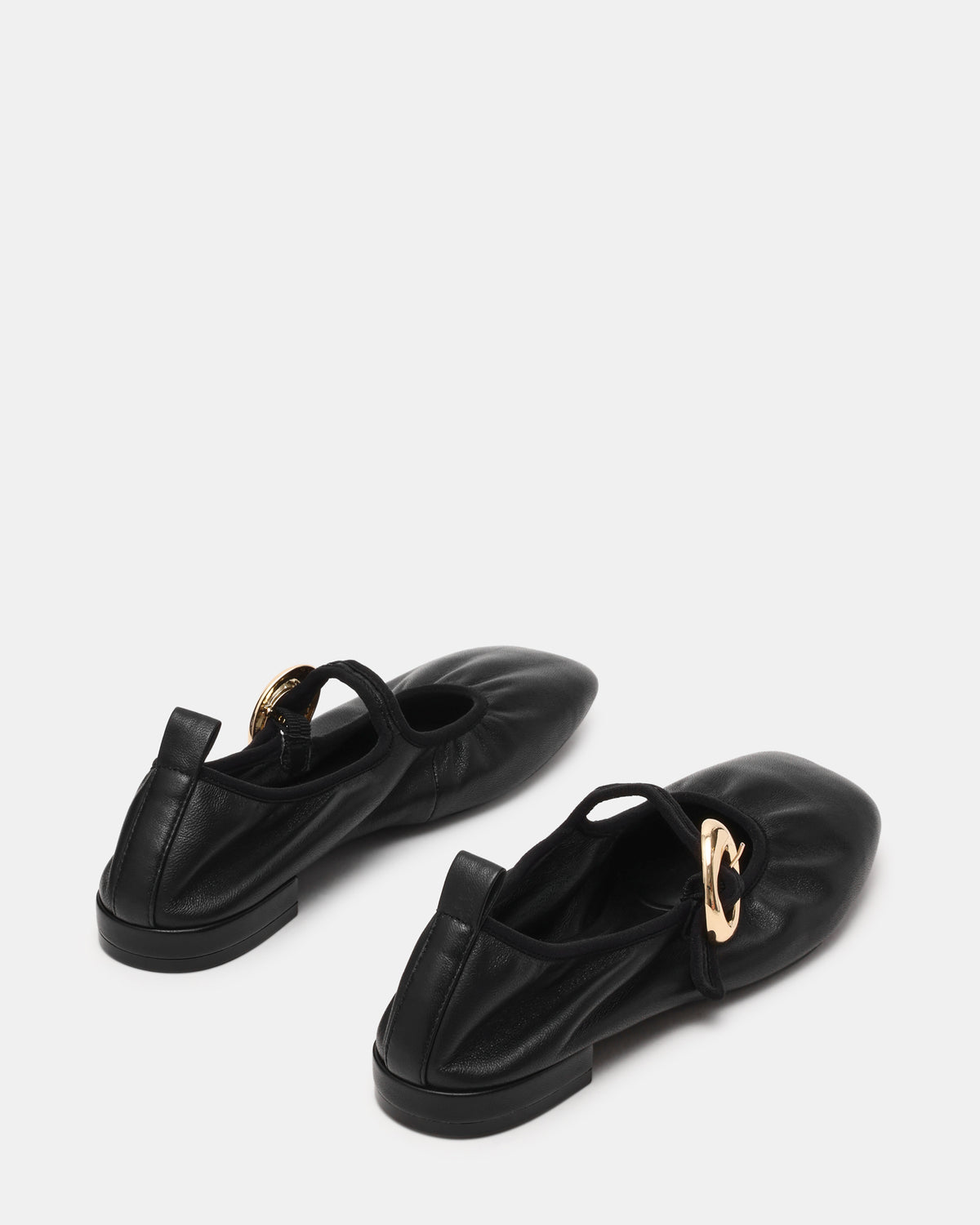 DAFFIA Black Leather Mary Jane Gold-Detail Buckle Ballet Women's Flat | Steve Madden on Sale