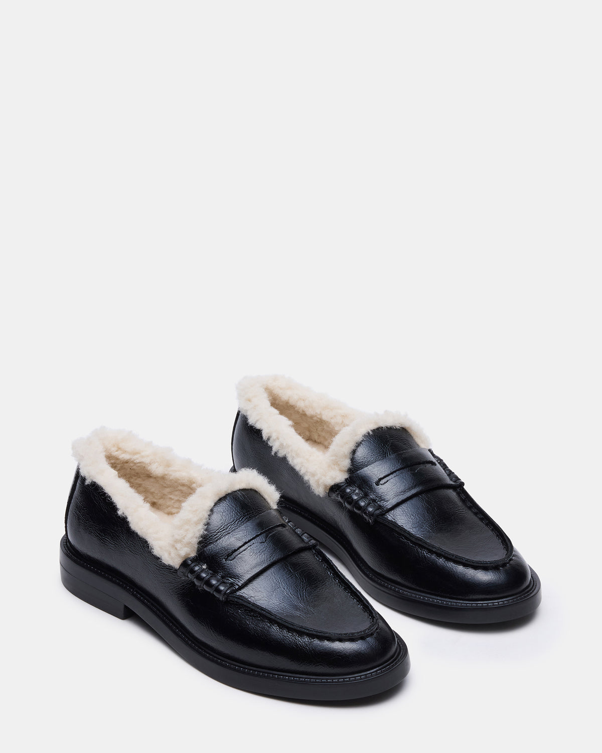 MADISON Faux Fur Black Leather Women's Penny Loafer | Steve Madden Sale
