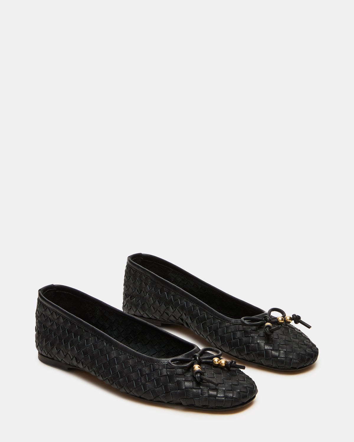 DIVY Black Leather Woven Bow Ballet Round-Toe Women's Flat | Steve Madden on Sale