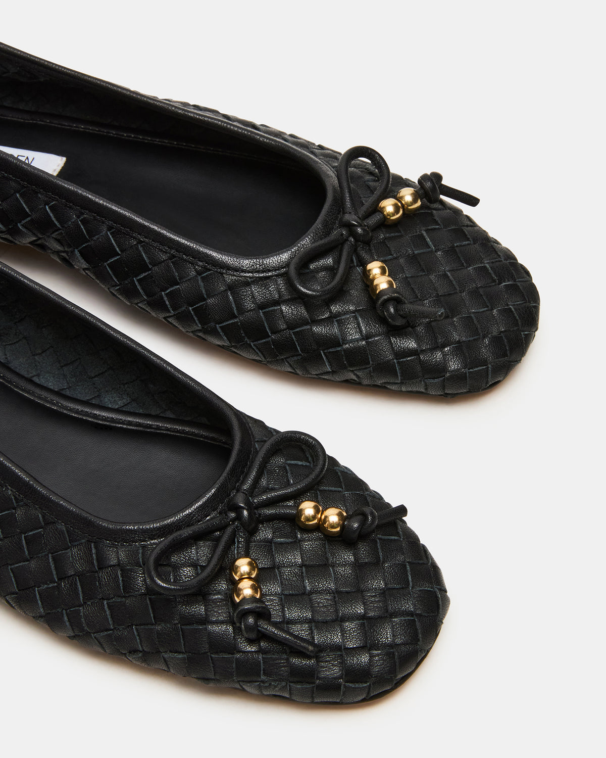 DIVY Black Leather Woven Bow Ballet Round-Toe Women's Flat | Steve Madden on Sale