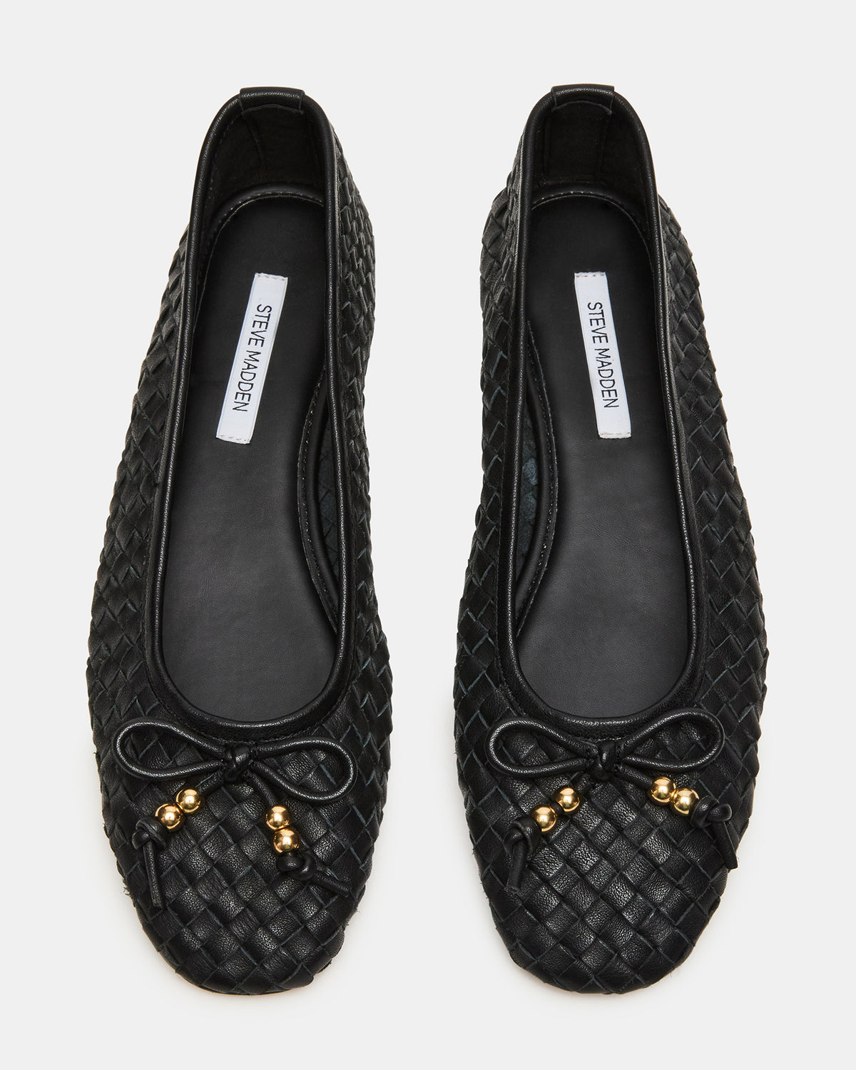 DIVY Black Leather Woven Bow Ballet Round-Toe Women's Flat | Steve Madden on Sale