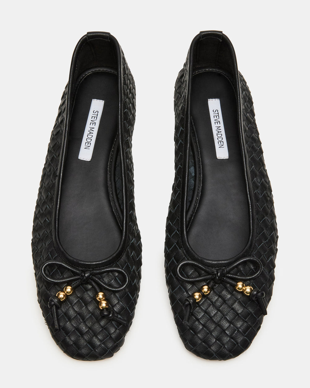 DIVY Black Leather Woven Bow Ballet Round-Toe Women's Flat | Steve Madden on Sale