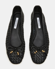 DIVY Black Leather Woven Bow Ballet Round-Toe Women's Flat | Steve Madden on Sale