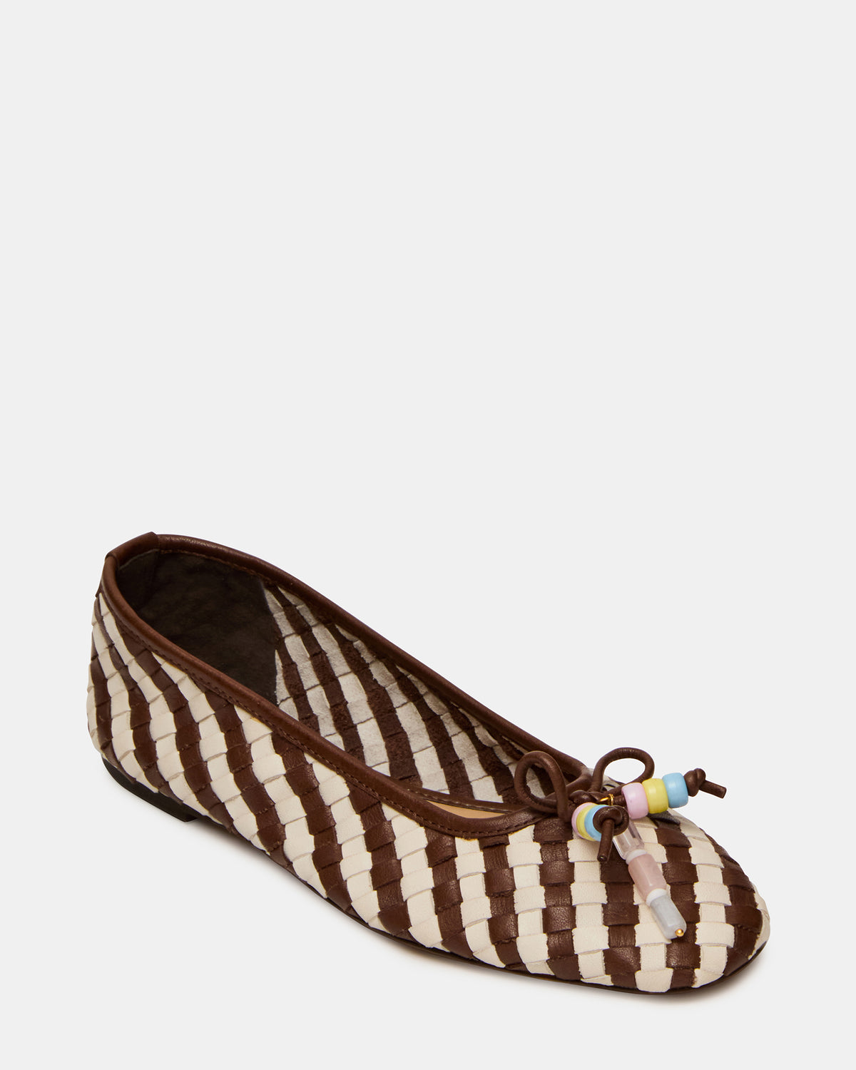 DIVY White/Brown Leather Woven Bow Ballet Round-Toe Women's Flat | Steve Madden for Sale