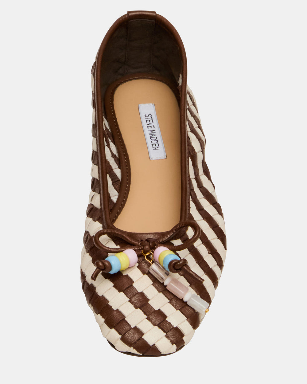 DIVY White/Brown Leather Woven Bow Ballet Round-Toe Women's Flat | Steve Madden for Sale
