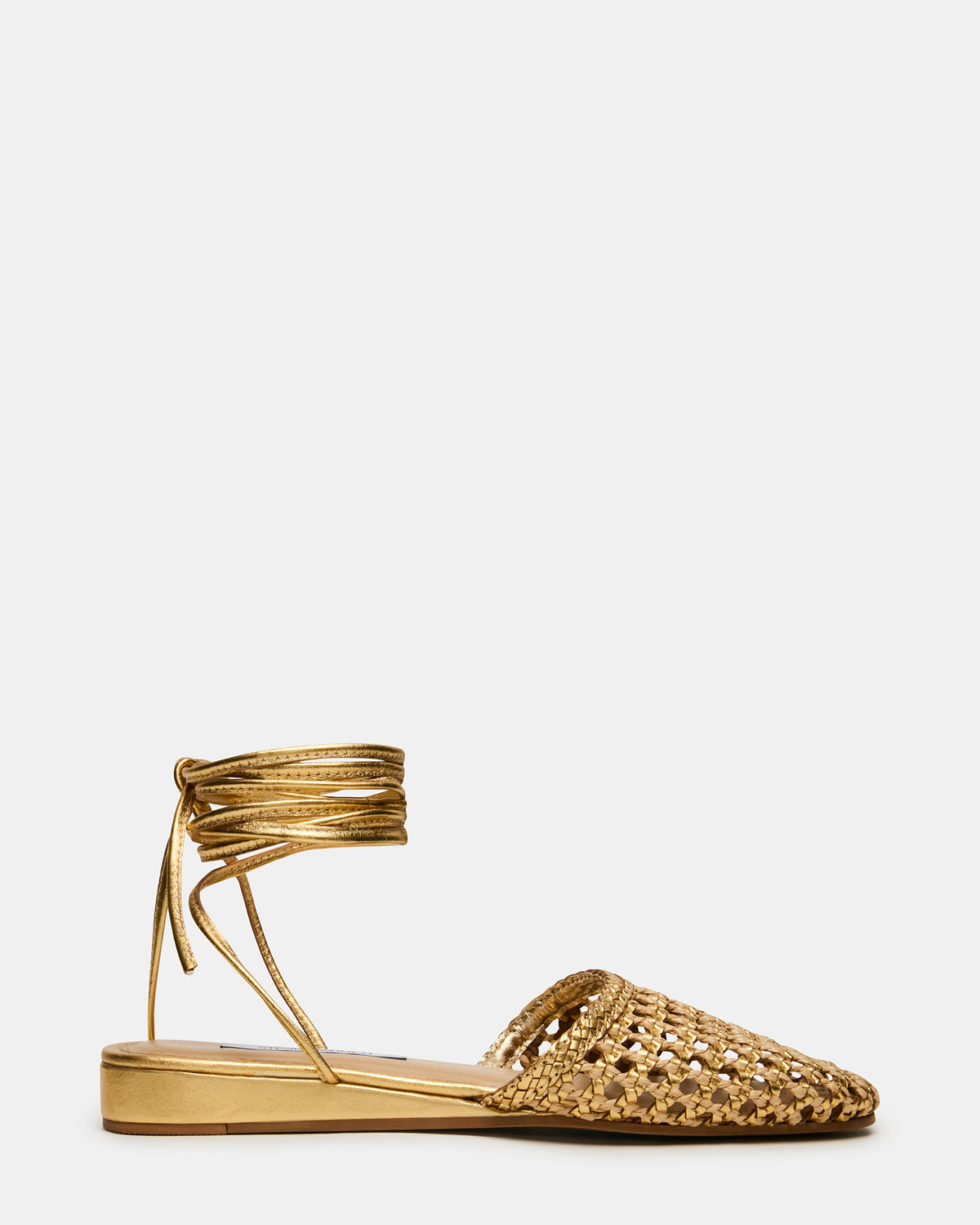 FLUTTER Gold Woven Mule Leg-Ties Strappy Women's Flat | Steve Madden for Sale