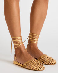 FLUTTER Gold Woven Mule Leg-Ties Strappy Women's Flat | Steve Madden for Sale