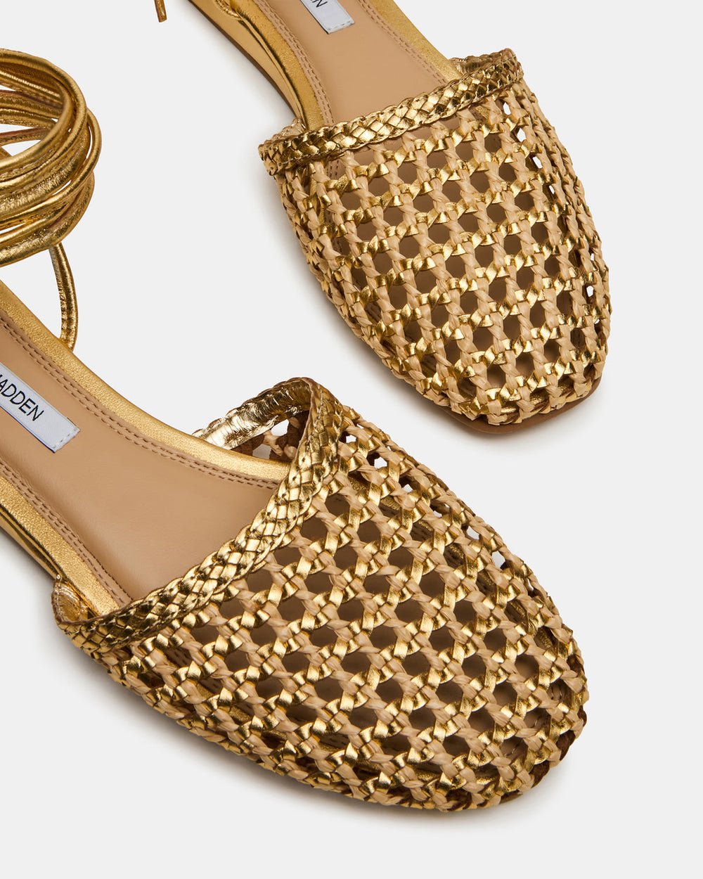 FLUTTER Gold Woven Mule Leg-Ties Strappy Women's Flat | Steve Madden for Sale