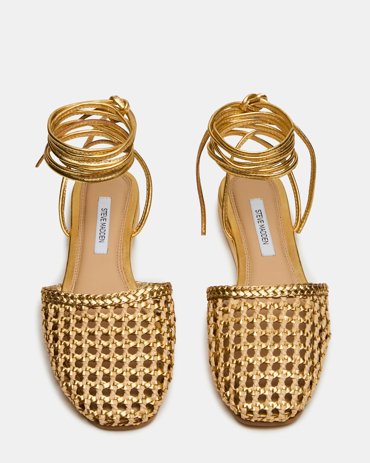 FLUTTER Gold Woven Mule Leg-Ties Strappy Women's Flat | Steve Madden for Sale