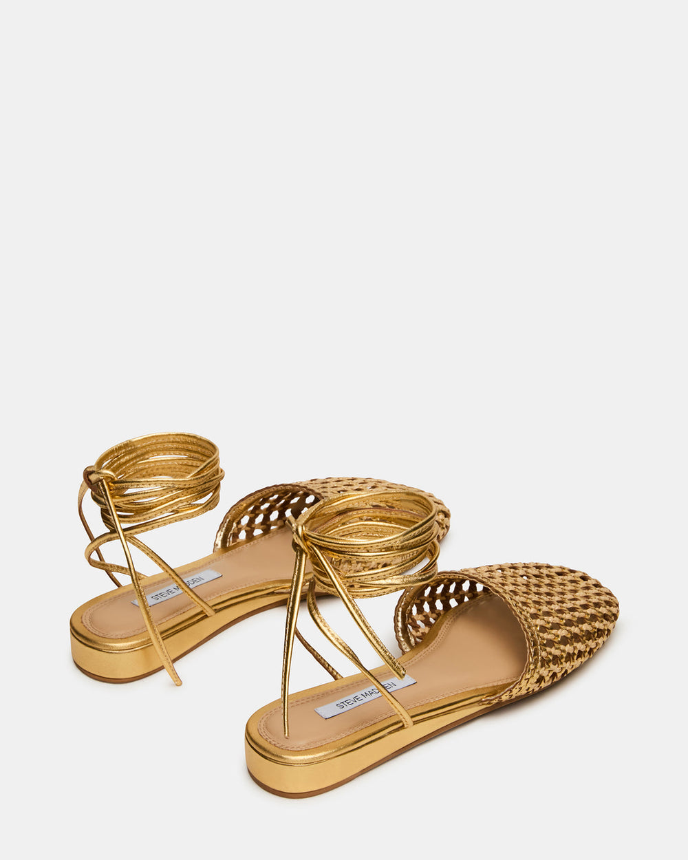 FLUTTER Gold Woven Mule Leg-Ties Strappy Women's Flat | Steve Madden for Sale