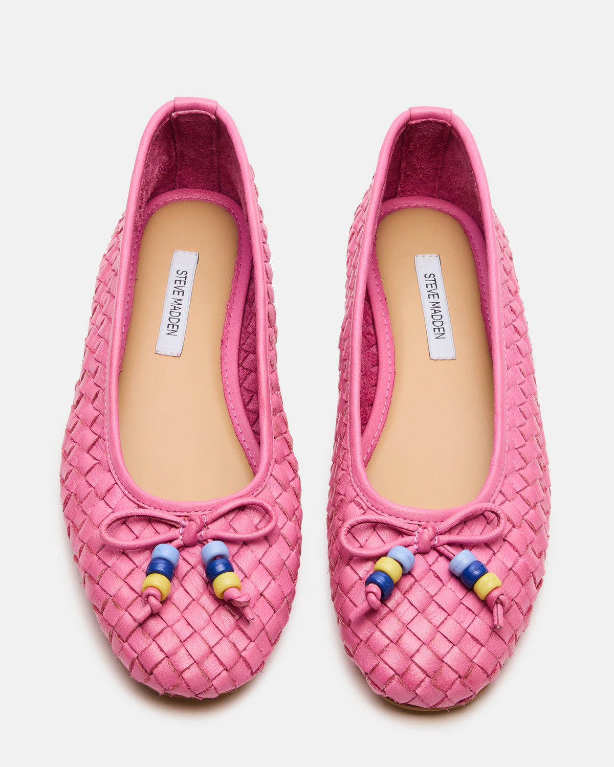 DIVY Pink Leather Woven Bow Ballet Round-Toe Women's Flat | Steve Madden on Sale
