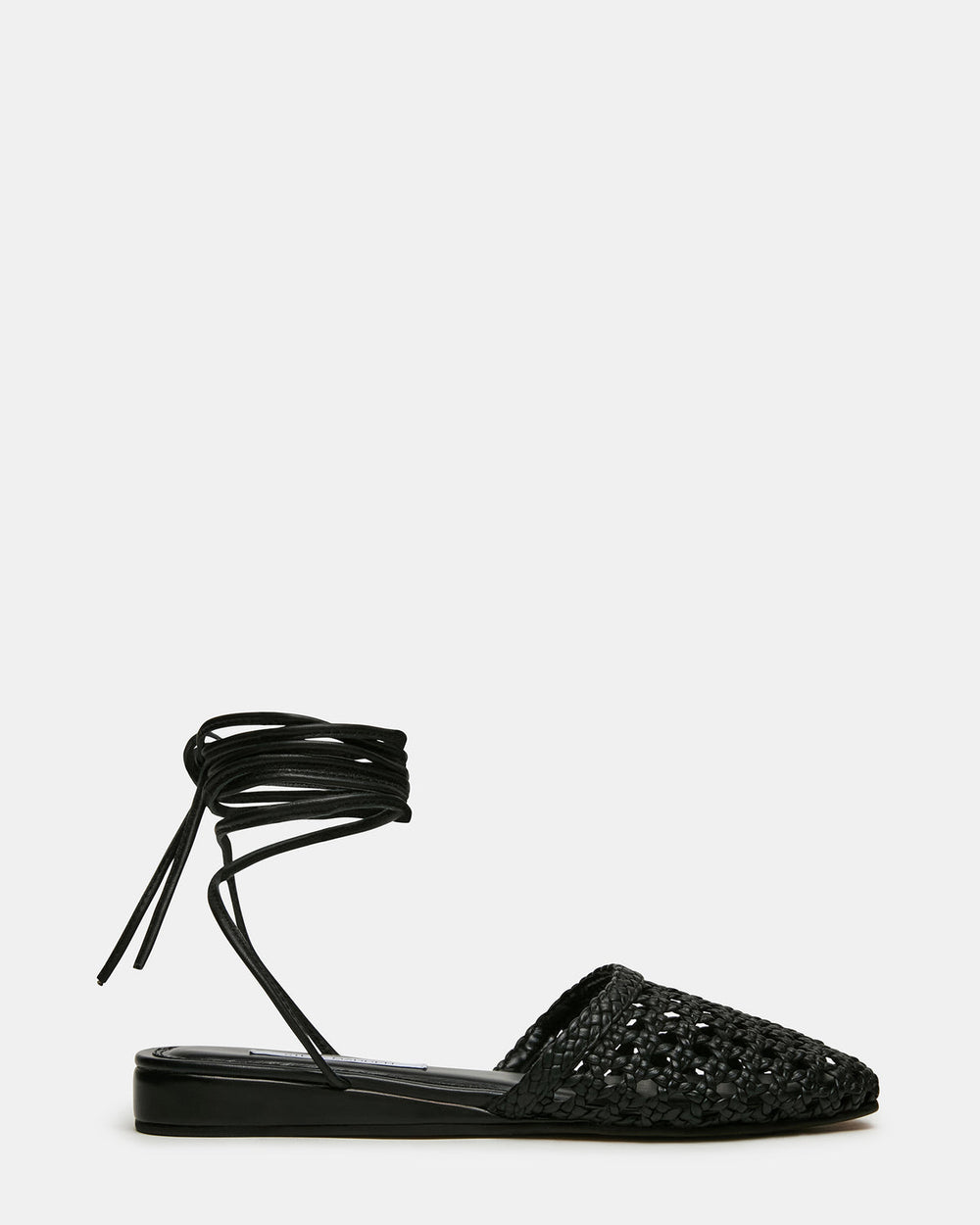FLUTTER Black Leather Woven Mule Leg-Ties Strappy Women's Flat | Steve Madden Sale