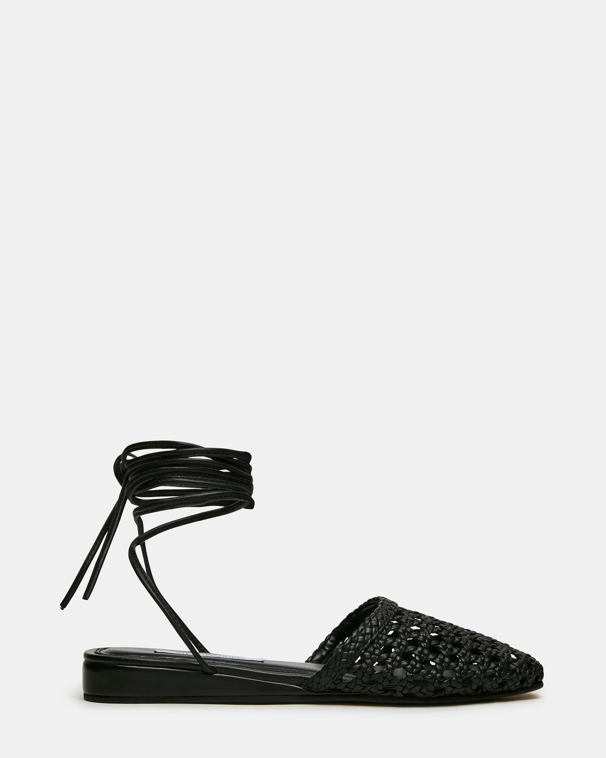 FLUTTER Black Leather Woven Mule Leg-Ties Strappy Women's Flat | Steve Madden Sale