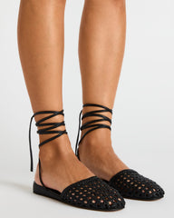 FLUTTER Black Leather Woven Mule Leg-Ties Strappy Women's Flat | Steve Madden Sale