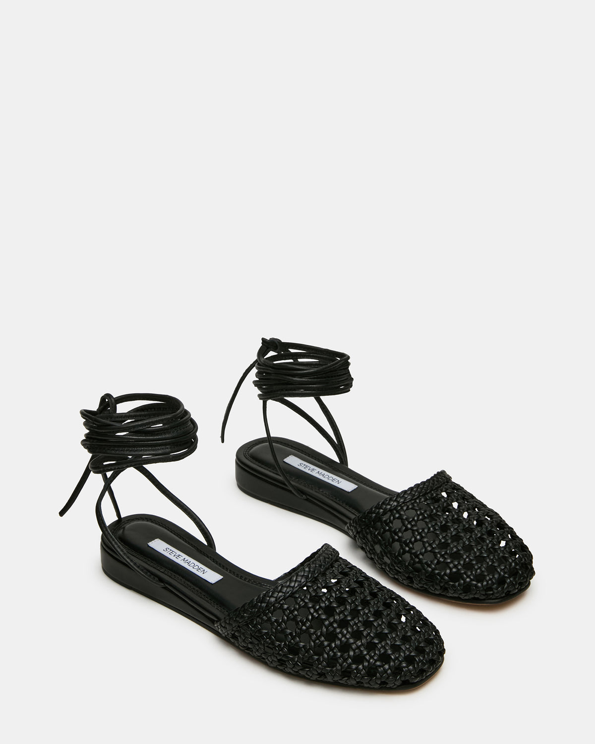 FLUTTER Black Leather Woven Mule Leg-Ties Strappy Women's Flat | Steve Madden Sale