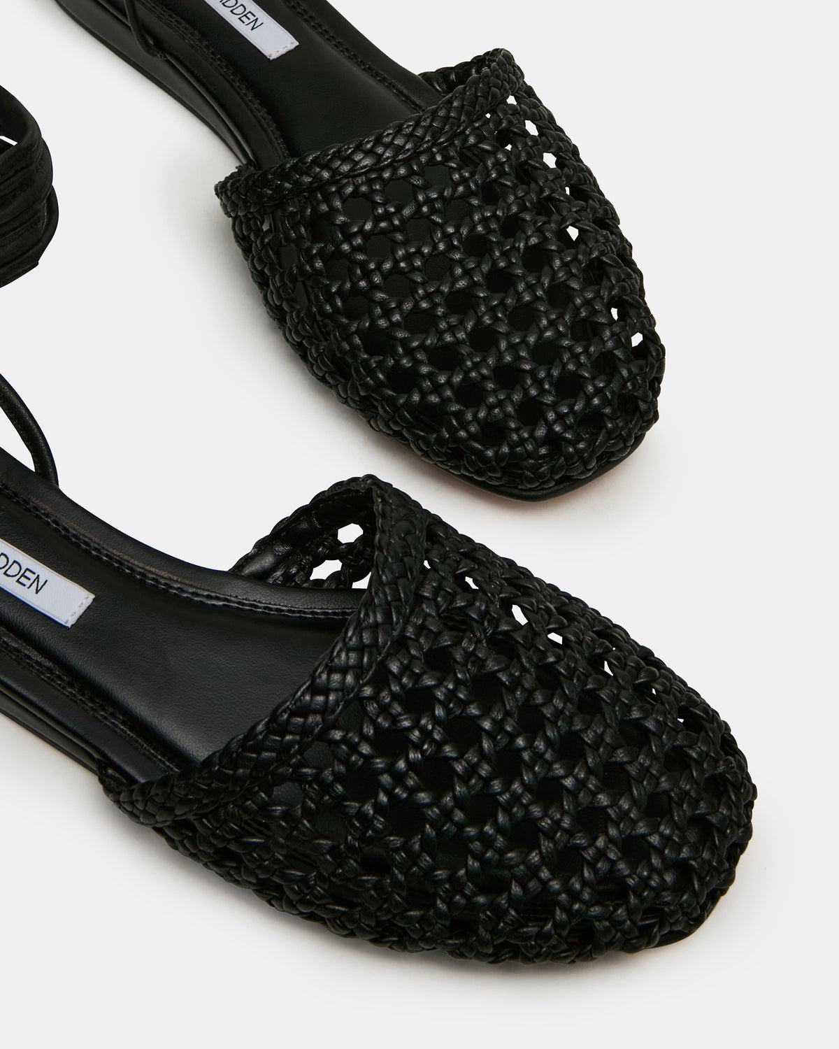 FLUTTER Black Leather Woven Mule Leg-Ties Strappy Women's Flat | Steve Madden Sale